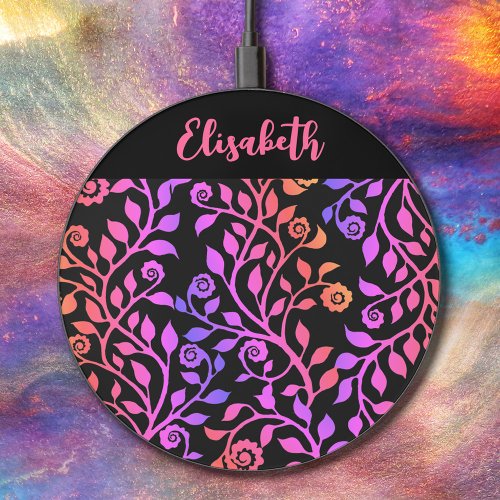 Neon Purple Pink Black Floral Swirls Add Your Name Wireless Charger