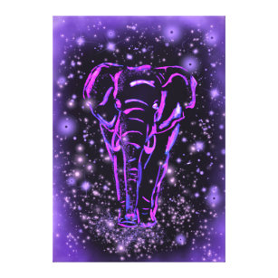 Neon Purple Pink Elephant Walking At Starry Night  Canvas Print