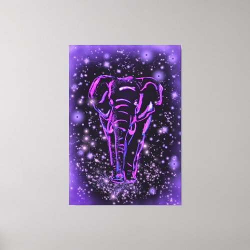 Neon Purple Pink Elephant Walking At Starry Night  Canvas Print