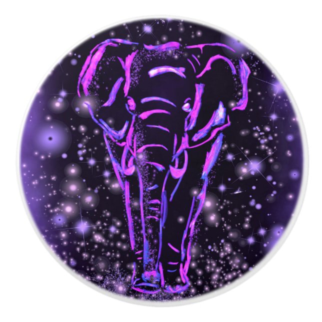 Neon Purple Pink Elephant Walking At Starry Night  Ceramic Knob (Front)