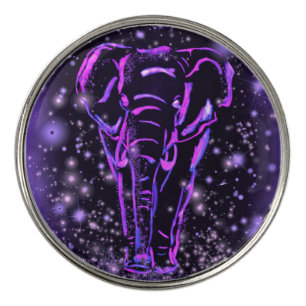 Neon Purple Pink Elephant Walking At Starry Night Golf Ball Marker