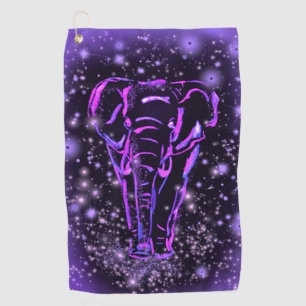 Neon Purple Pink Elephant Walking At Starry Night Golf Towel