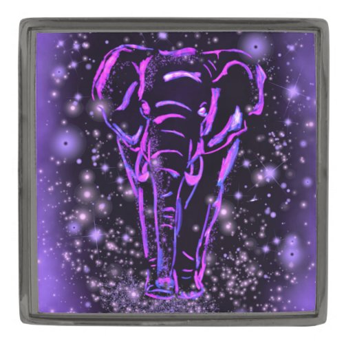 Neon Purple Pink Elephant Walking At Starry Night  Gunmetal Finish Lapel Pin