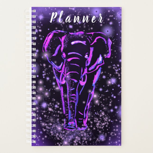 Neon Purple Pink Elephant Walking At Starry Night  Planner (Front)