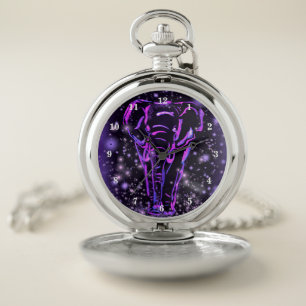 Neon Purple Pink Elephant Walking At Starry Night Pocket Watch