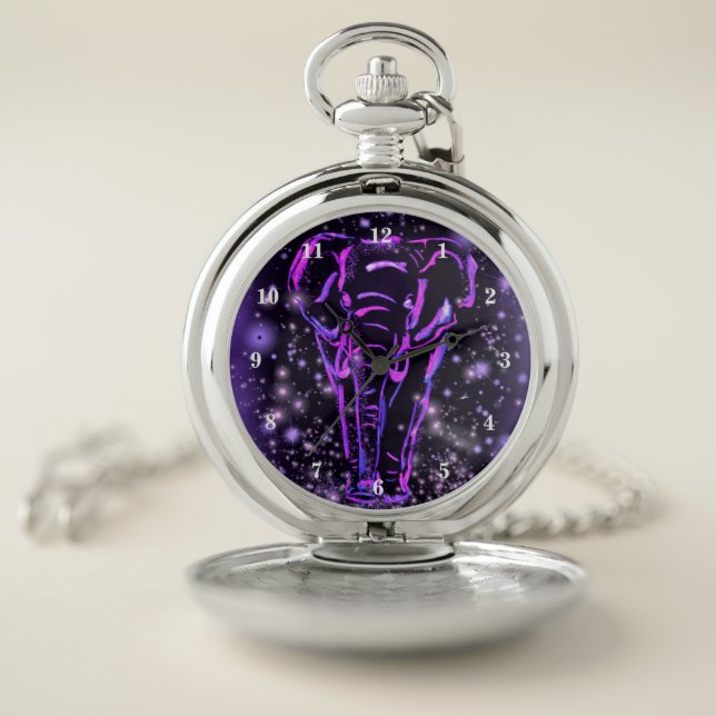 Neon Purple Pink Elephant Walking At Starry Night  Pocket Watch (Inside)