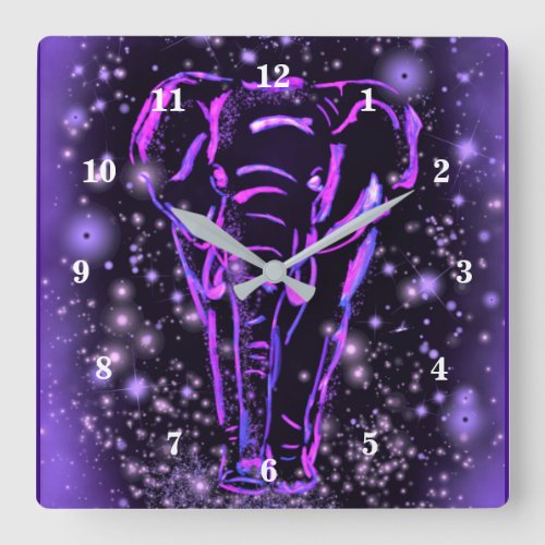 Neon Purple Pink Elephant Walking At Starry Night  Square Wall Clock