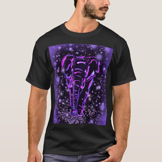 Neon Purple Pink Elephant Walking At Starry Night  T-Shirt (Front)
