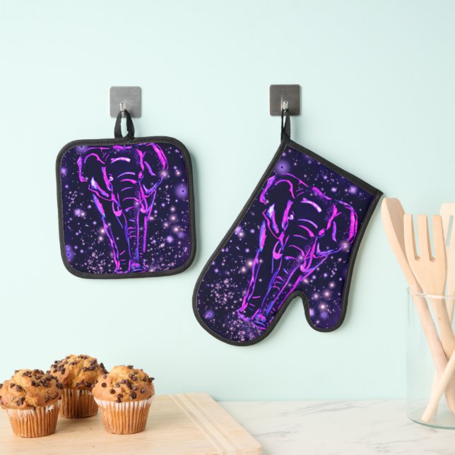 Neon Purple Pink Elephant Walking In Starry Night Oven Mitt & Pot Holder Set (Insitu(Hanging))