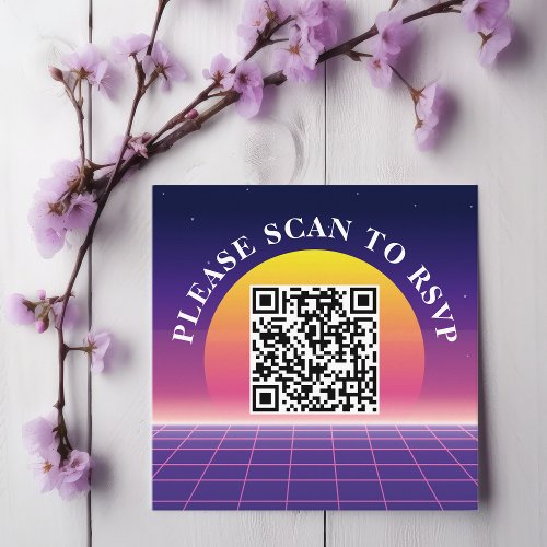 Neon Purple Retro 80s Sunset Wedding Scan to RSVP Square Business Card