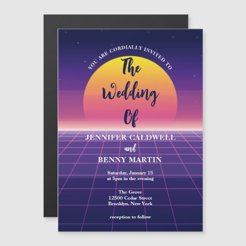 Neon Purple Retro 80s Synthwave Sunset Wedding Magnetic Invitation