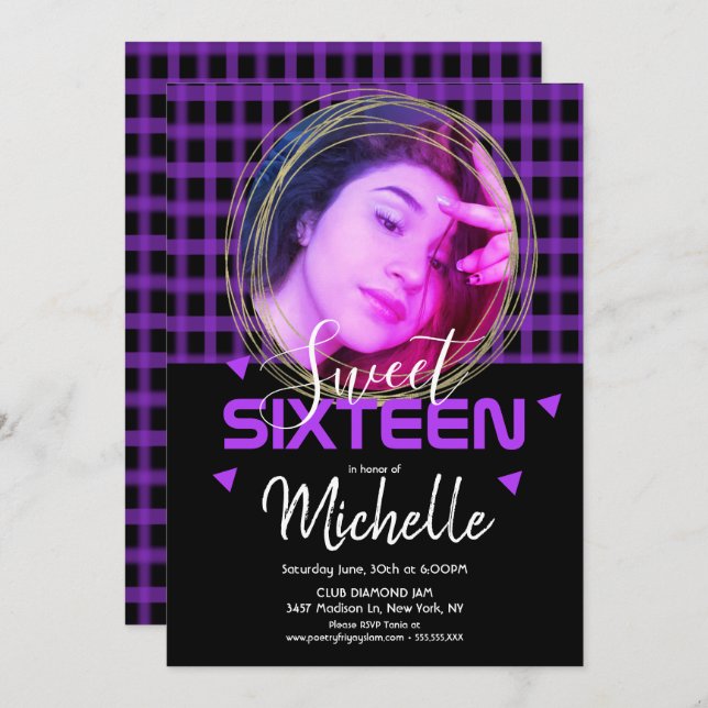Neon Purple Sweet Sixteen Gold Ring Photo Grid Invitation (Front/Back)