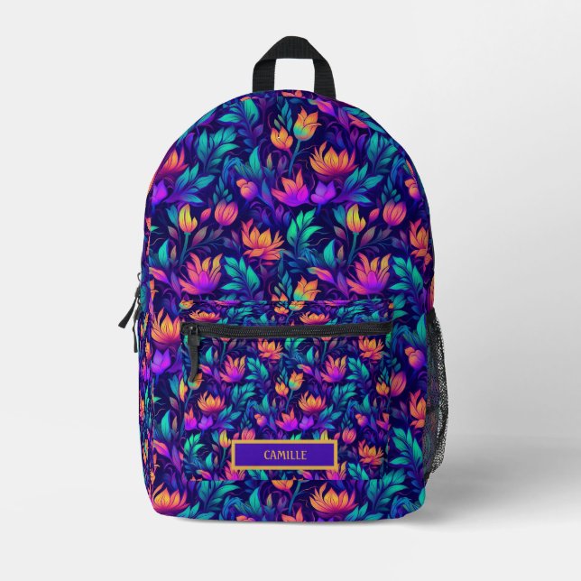 Neon Purple Teal Orange Monogram Name Camp  Printed Backpack (Front)