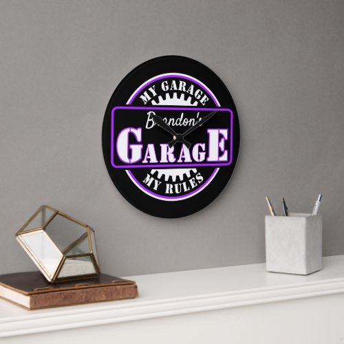 Neon Purple White Garage Text on Black Clock