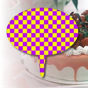 Neon Purple Yellow Checkered Checkerboard Vintage Cake Topper