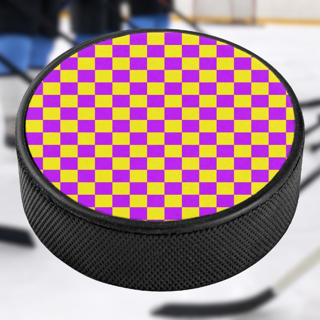 Neon Purple Yellow Checkered Checkerboard Vintage Hockey Puck (Creator Uploaded)