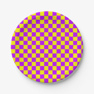 Neon Purple Yellow Checkered Checkerboard Vintage Paper Plates