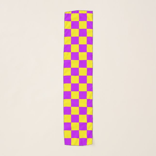 Neon Purple Yellow Checkered Checkerboard Vintage Scarf (Front)
