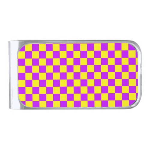 Neon Purple Yellow Checkered Checkerboard Vintage Silver Finish Money Clip