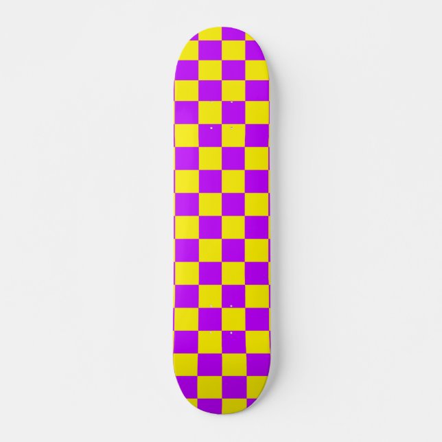 Neon Purple Yellow Checkered Checkerboard Vintage Skateboard (Front)