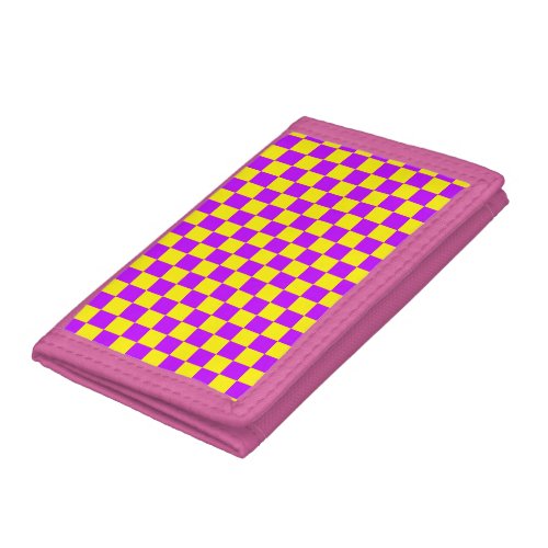 Neon Purple Yellow Checkered Checkerboard Vintage Trifold Wallet