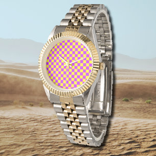 Neon Purple Yellow Checkered Checkerboard Vintage Watch