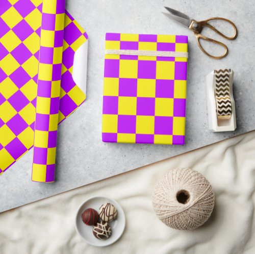 Neon Purple Yellow Checkered Checkerboard Vintage Wrapping Paper