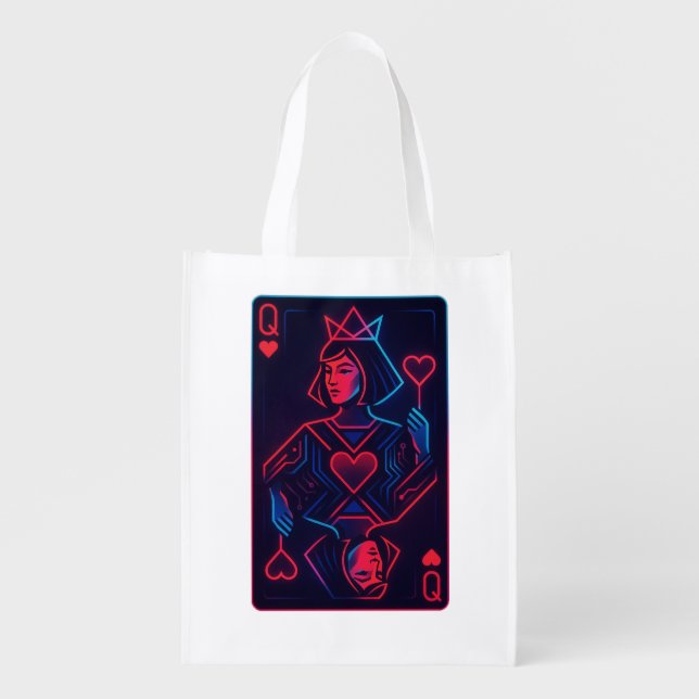 Neon Queen of Hearts — Retro-Futurist Synthwave Grocery Bag (Front)