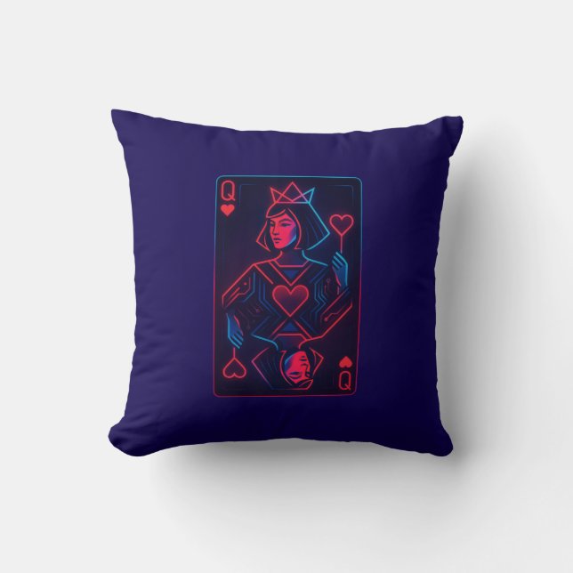 Neon Queen of Hearts — Retro-Futurist Synthwave Throw Pillow (Front)