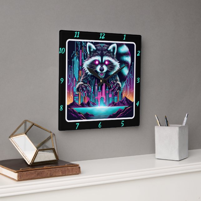 Neon Raccoon Skyline Pulse Square Wall Clock (Office)