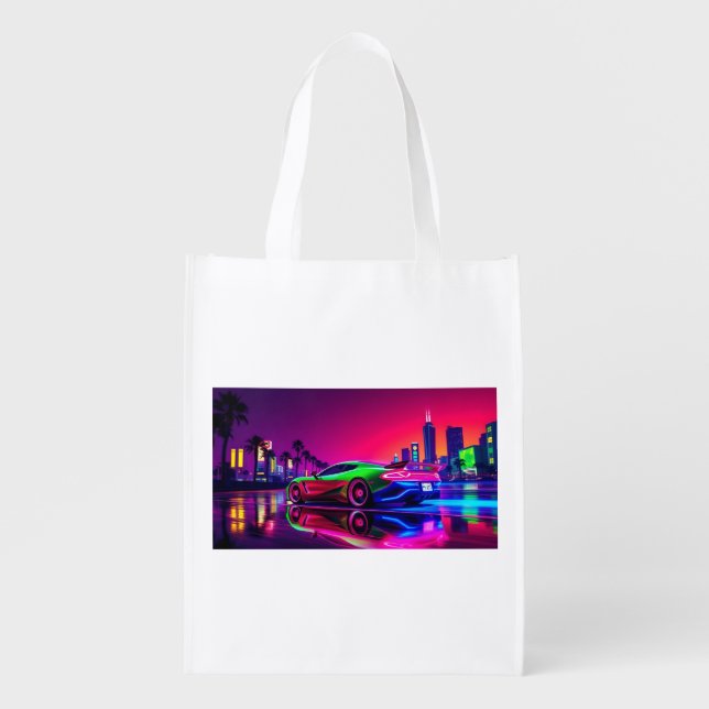 Neon Racer – 80s Retro-Futuristic Sports Grocery Bag (Front)