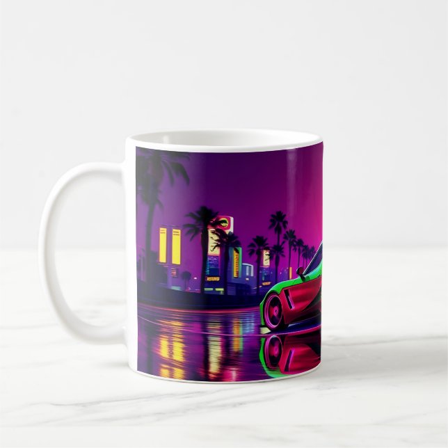 Neon Racer Mug – 80s Retro-Futuristic Sports Car (Left)