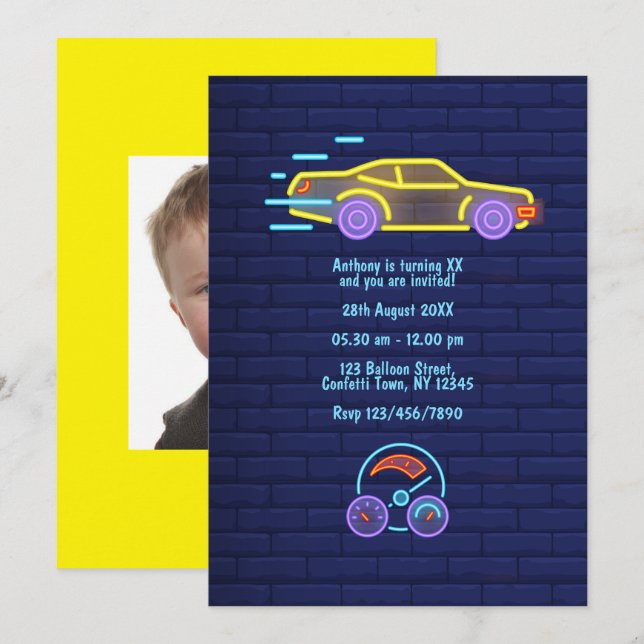 Neon Racing Car Birthday Party Photo Invitation (Front/Back)