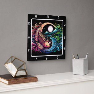 Neon Radiant Koi Gold Fish Harmony Square Wall Clock
