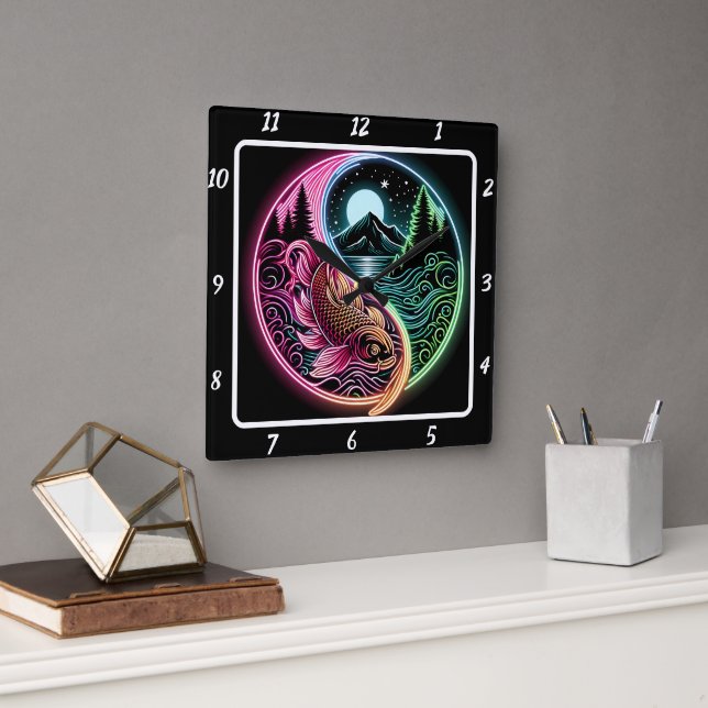 Neon Radiant Koi Gold Fish Square Wall Clock (Office)