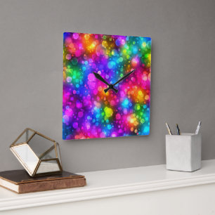 Neon Rainbow Bokeh Lights Abstract Square Wall Clock