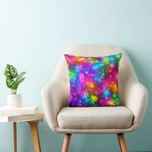 Neon Rainbow Bokeh Lights Abstract Throw Pillow