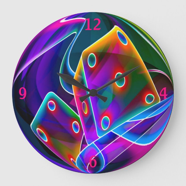 Neon Rainbow Dice Black Light Rave Large Clock (Front)