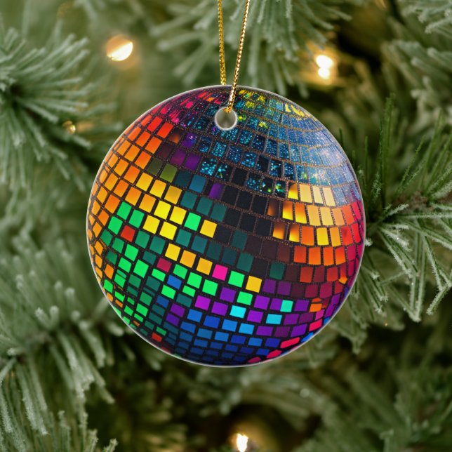 Neon Rainbow Disco Ball Ceramic Ornament (Tree)