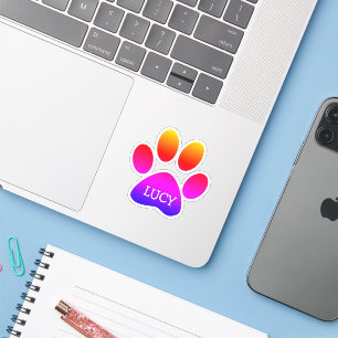 Neon Rainbow Dog Paw Print With Name Sticker