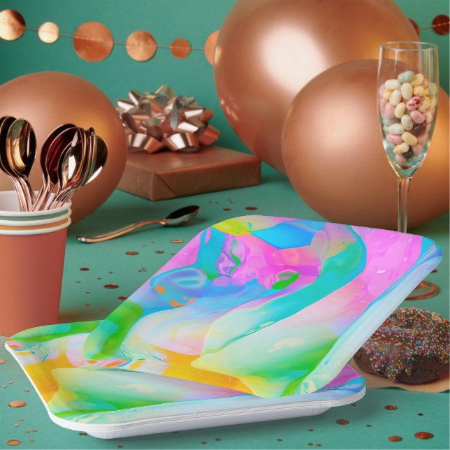 Neon Rainbow Fluid Abstract Paper Plates (Multi)