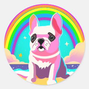 Neon Rainbow Frenchie Retro Birthday Classic Round Sticker