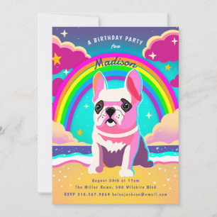 Neon Rainbow Frenchie Retro Birthday Invitation