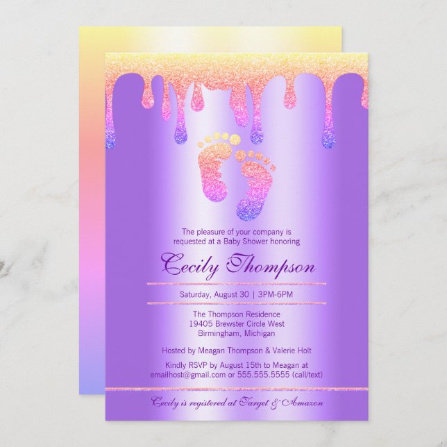 Neon Rainbow Glitter Drip Luxury Baby Feet Shower Invitation (Front/Back)
