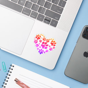 Neon Rainbow Heart Paw Prints on White Sticker