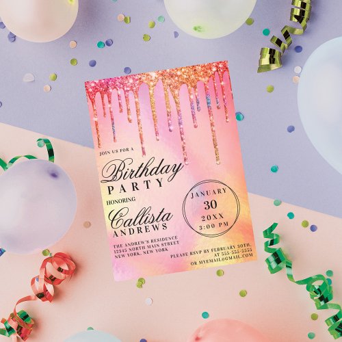 Neon Rainbow Holographic Glitter Drips Birthday Invitation