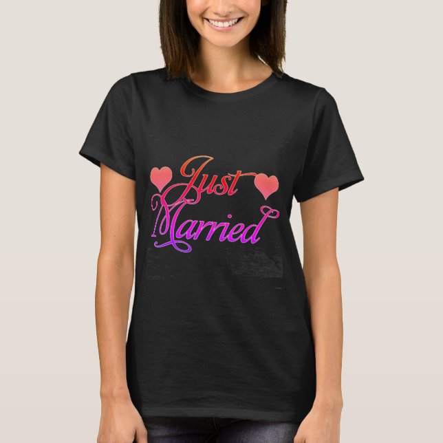 Neon Rainbow Just Married Hearts T-Shirt (Front)
