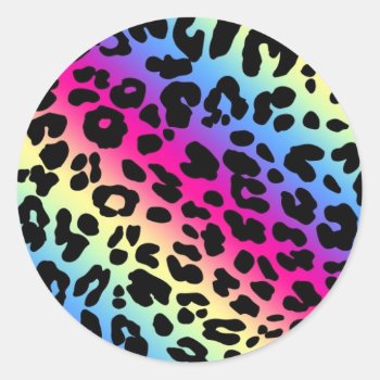 Neon Rainbow Leopard Pattern Print Classic Round Sticker by cutencomfy at Zazzle