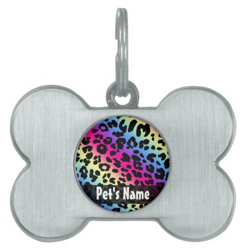 Neon Rainbow Leopard Pattern Print Pet Name Tag