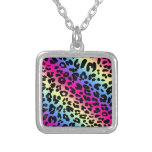 Neon Rainbow Leopard Pattern Print Silver Plated Necklace